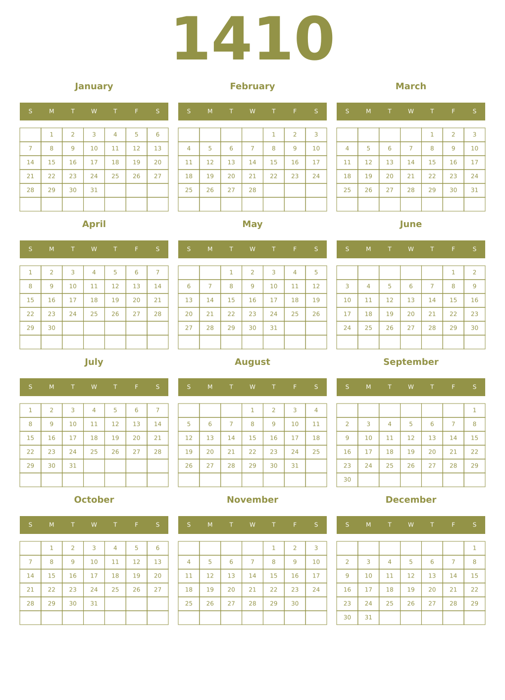 Printable 1410 Year Calendars eburnean