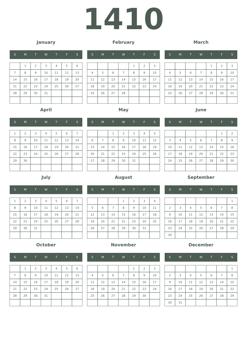 Printable 1410 Year Calendars feldgrau
