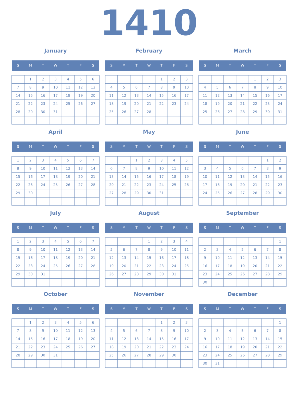 Printable 1410 Year Calendars glaucous