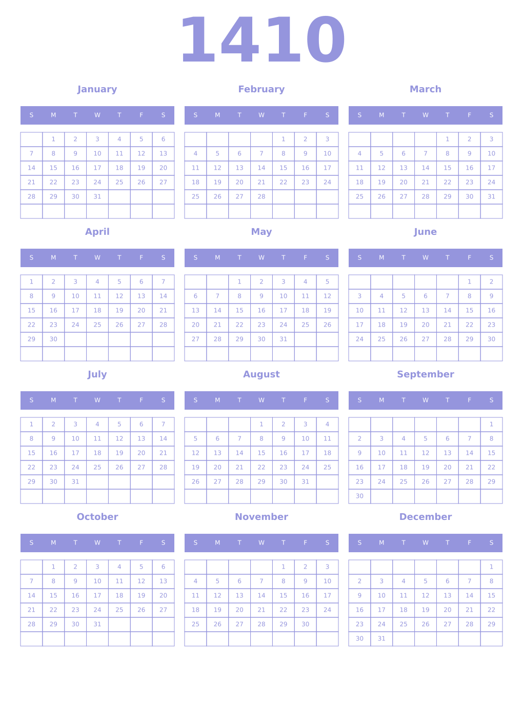 Printable 1410 Year Calendars periwinkle