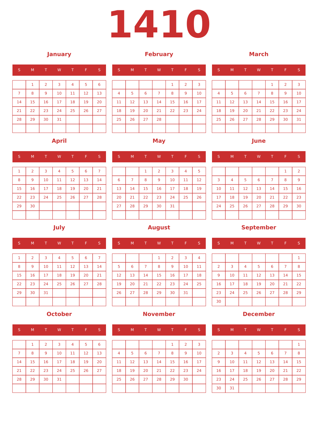 Printable 1410 Year Calendars red