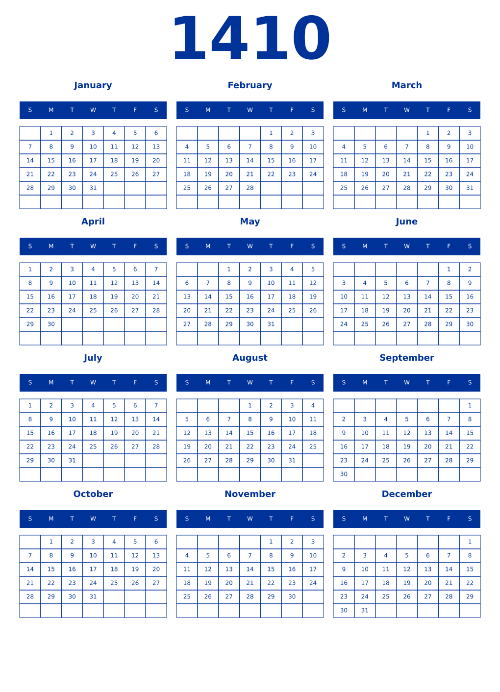 Printable 1410 Year Calendars smalt