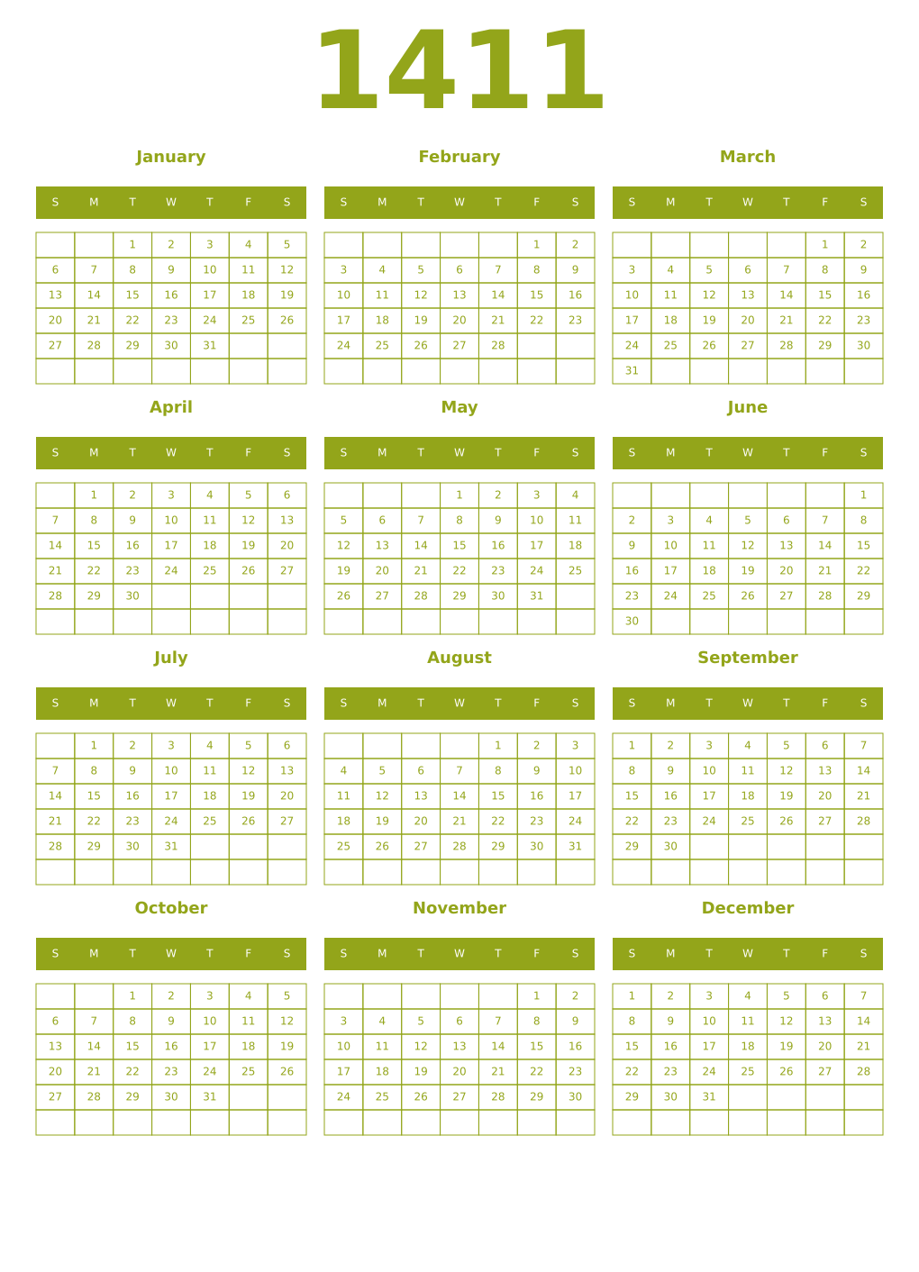Printable 1411 Year Calendars chartreuse