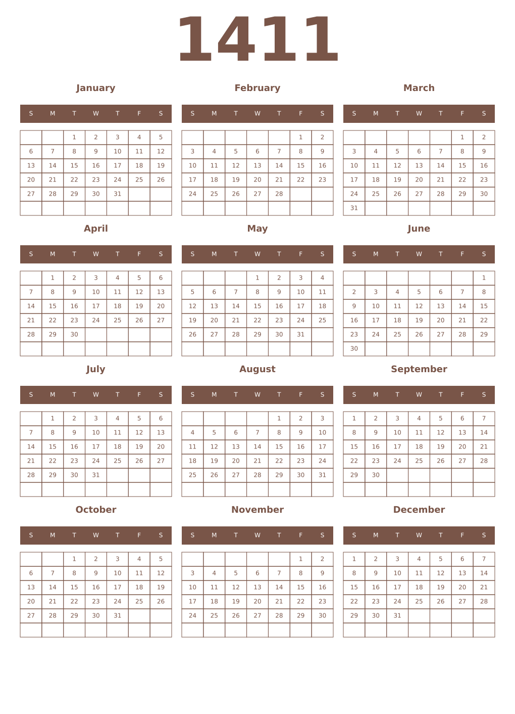 Printable 1411 Year Calendars coffe