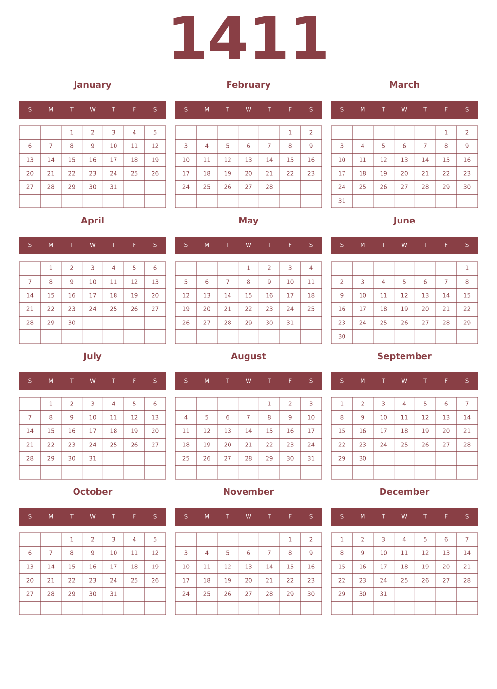 Printable 1411 Year Calendars cordovan