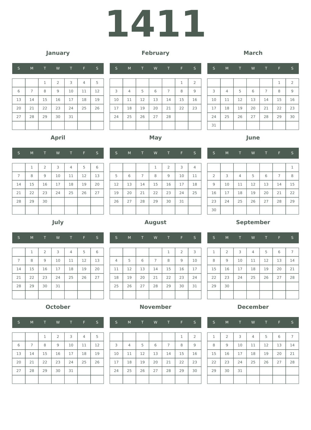 Printable 1411 Year Calendars feldgrau