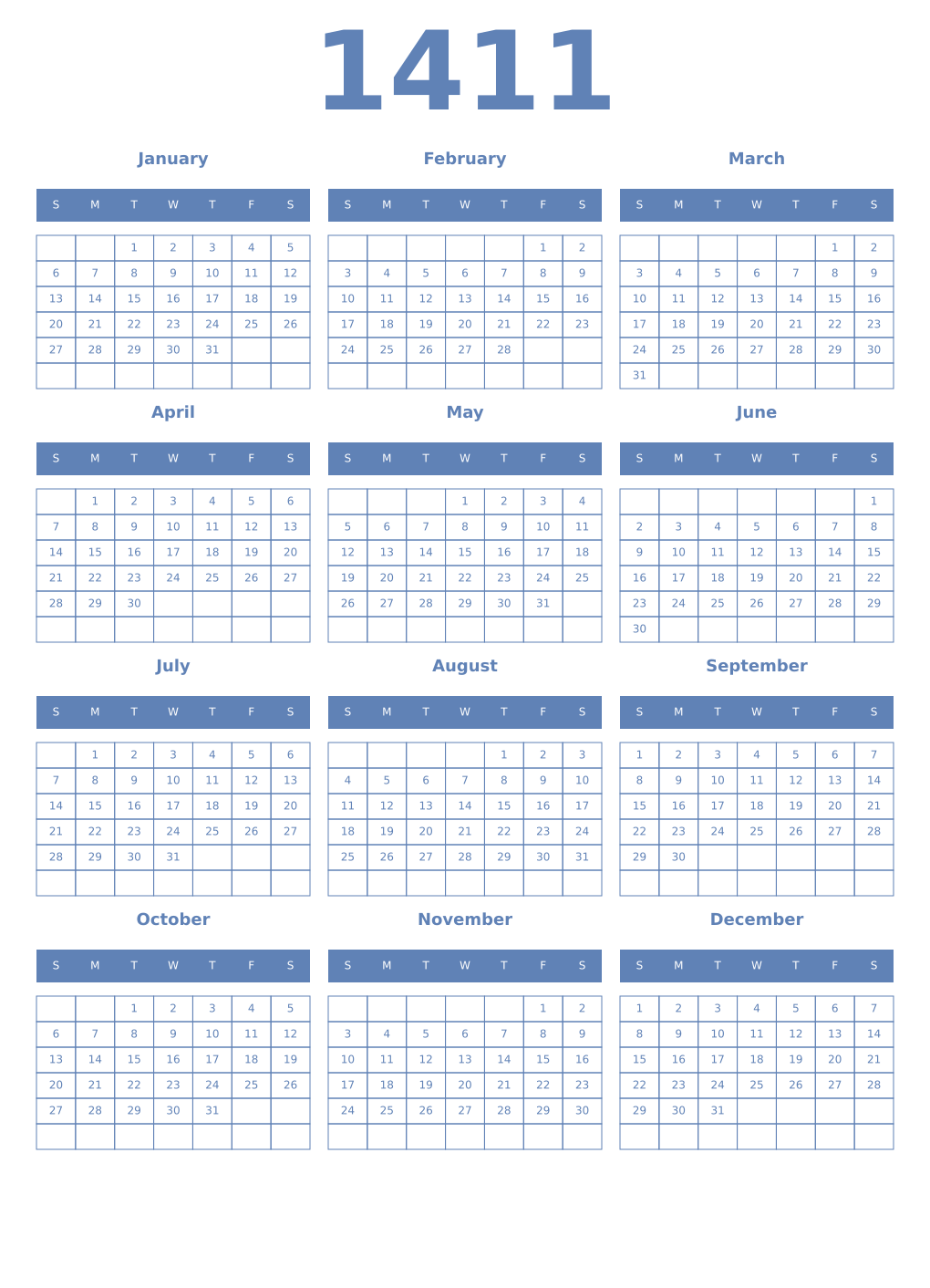 Printable 1411 Year Calendars glaucous