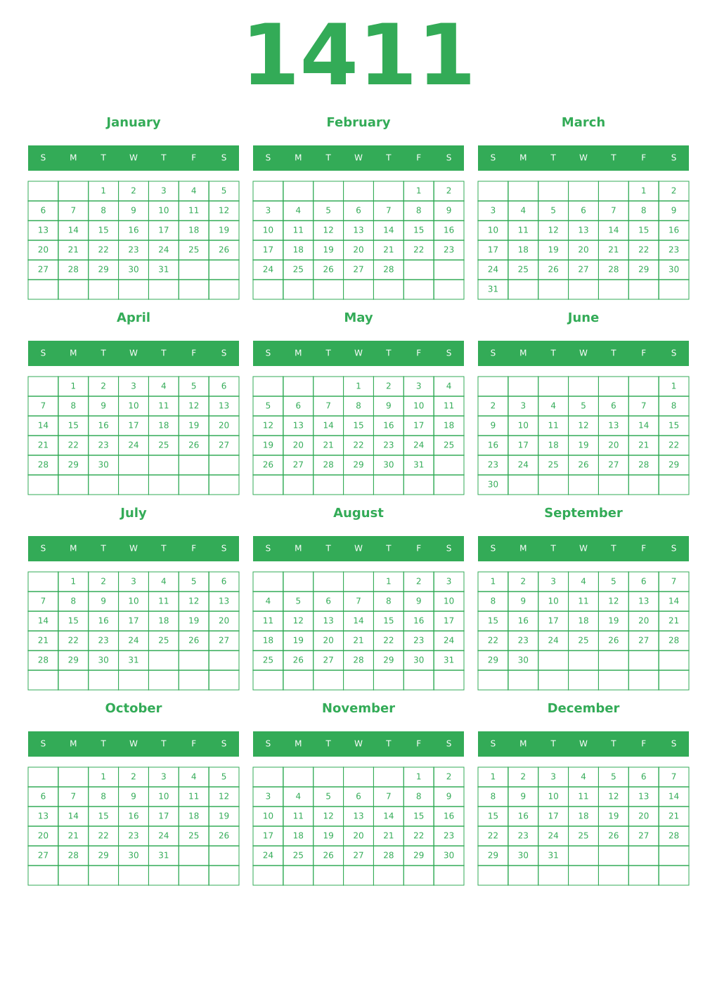 Printable 1411 Year Calendars green