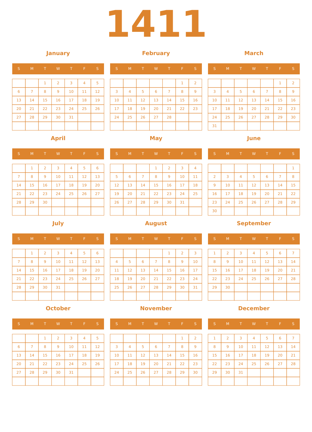 Printable 1411 Year Calendars orange