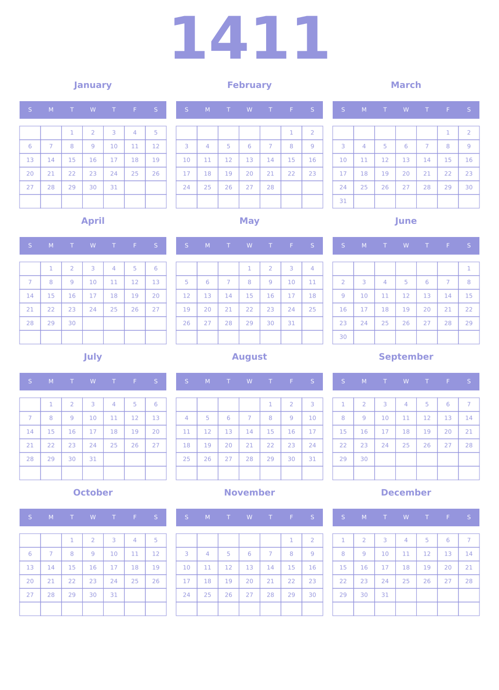 Printable 1411 Year Calendars periwinkle
