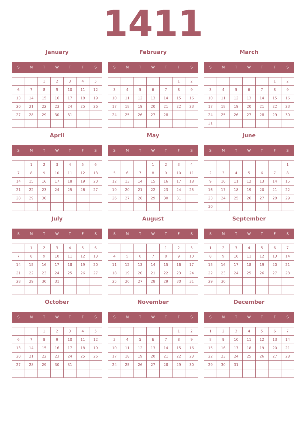 Printable 1411 Year Calendars puce
