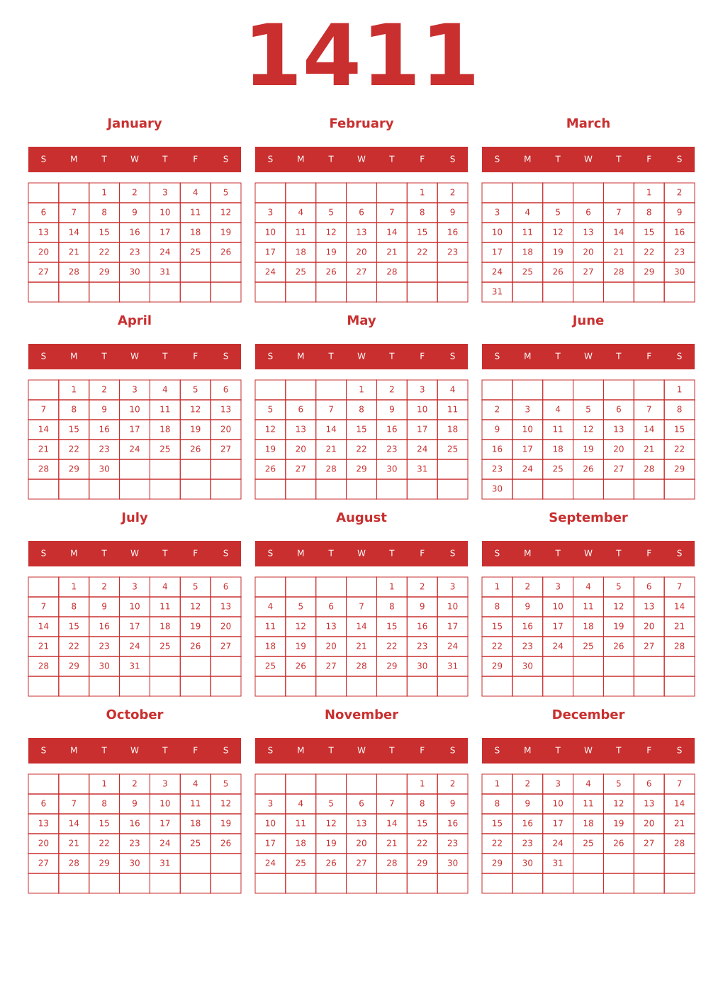 Printable 1411 Year Calendars red