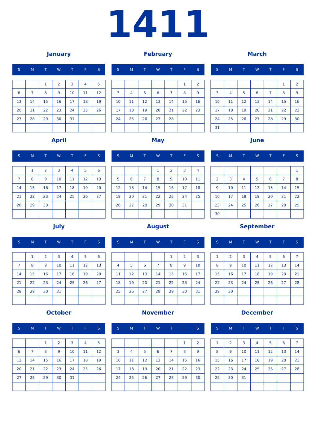 Printable 1411 Year Calendars smalt