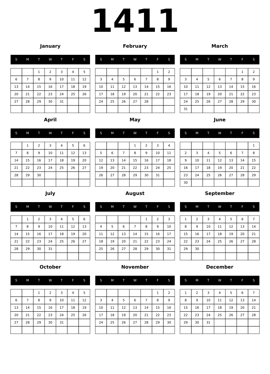 Printable 1411 Calendars