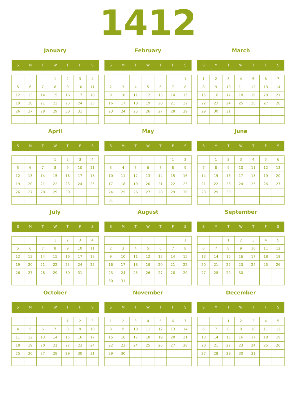 Printable 1412 Year Calendars chartreuse