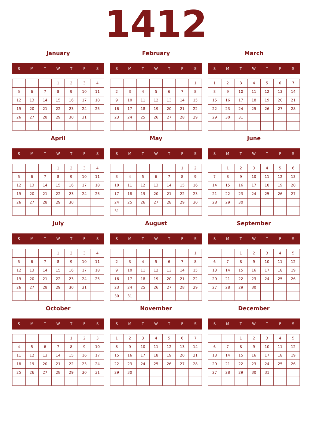 Printable 1412 Year Calendars falu