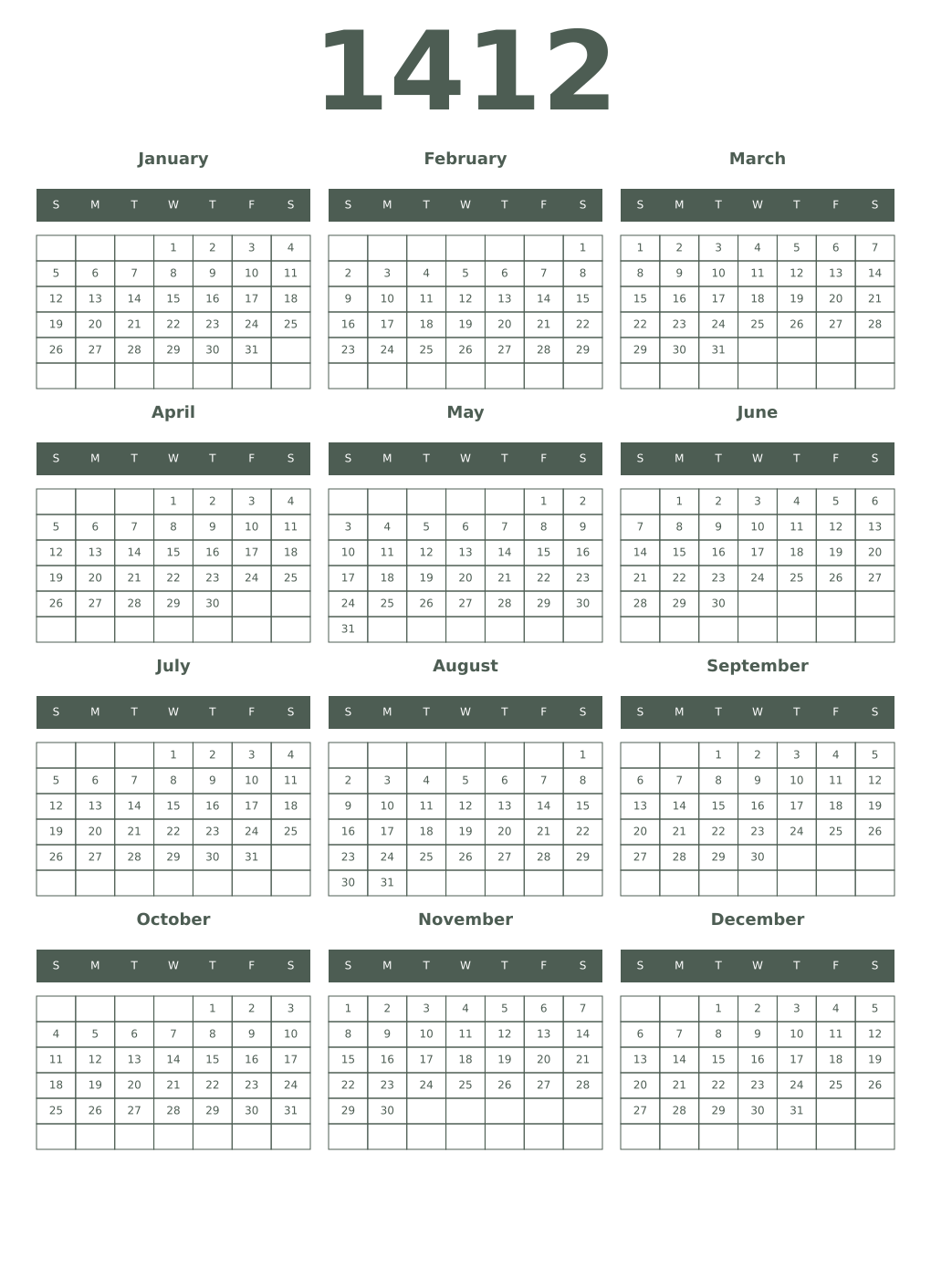 Printable 1412 Year Calendars feldgrau