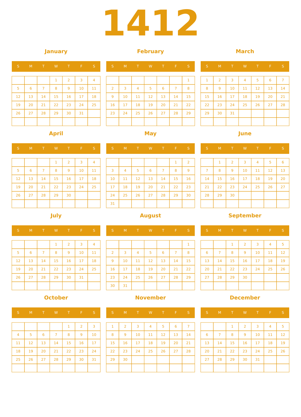 Printable 1412 Year Calendars gamboge