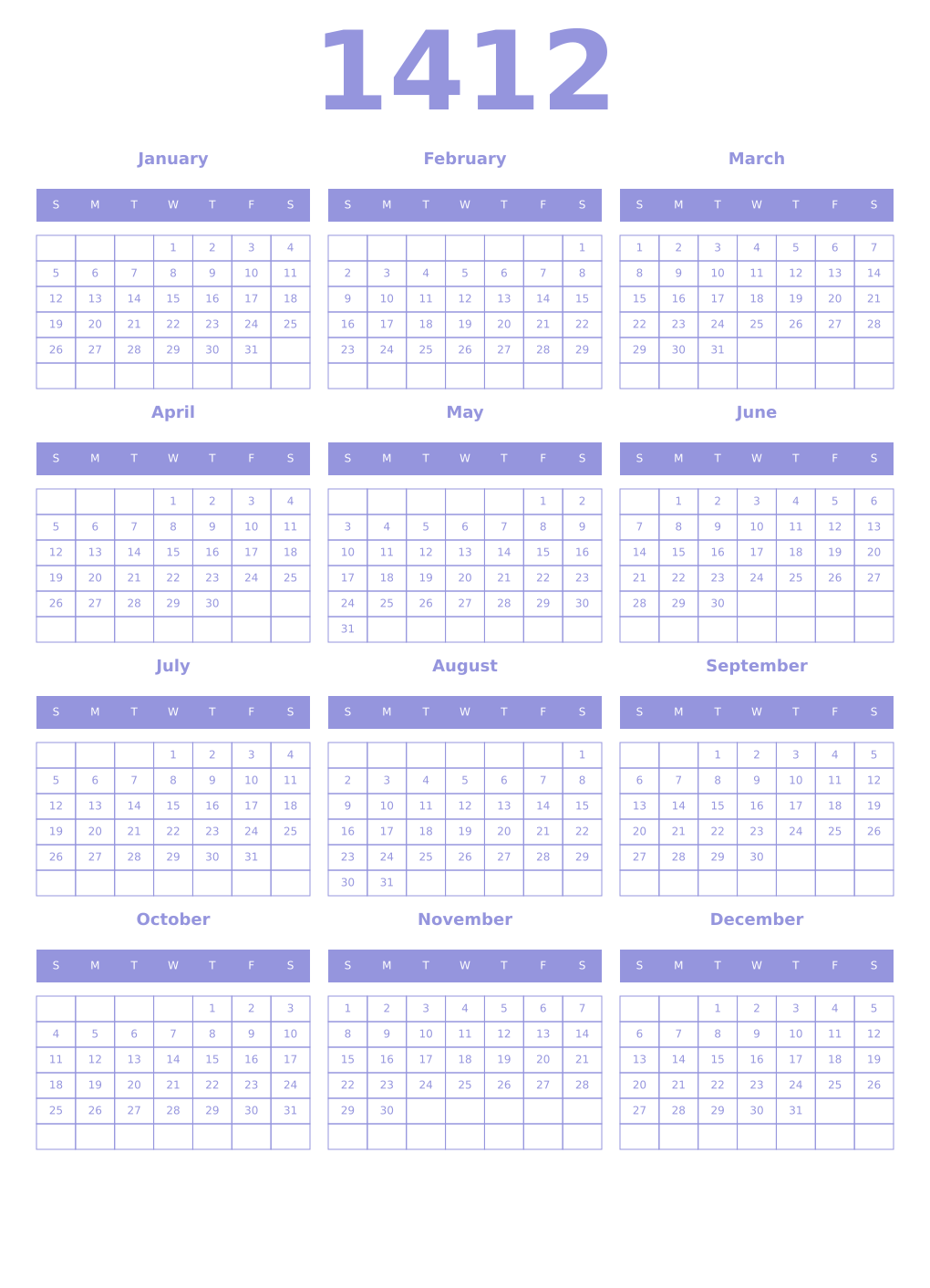 Printable 1412 Year Calendars periwinkle