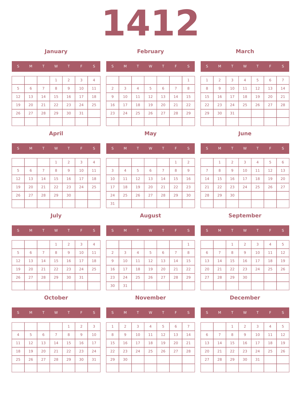 Printable 1412 Year Calendars puce