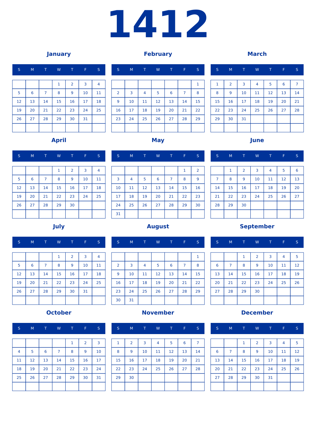 Printable 1412 Year Calendars smalt