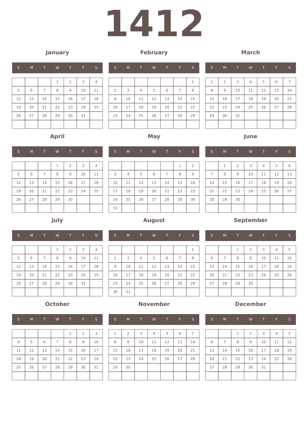 Printable 1412 Year Calendars wenge
