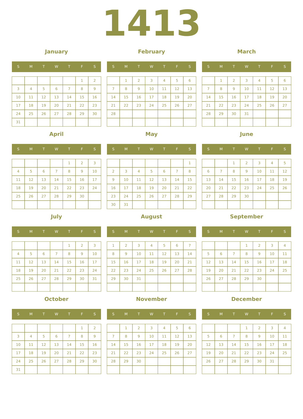 Printable 1413 Year Calendars eburnean
