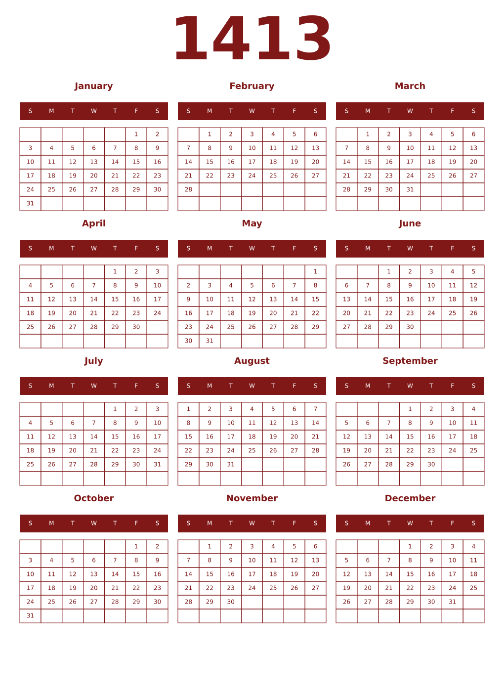Printable 1413 Year Calendars falu