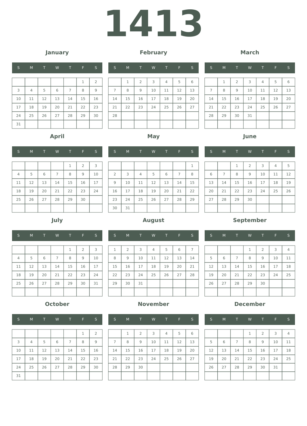 Printable 1413 Year Calendars feldgrau