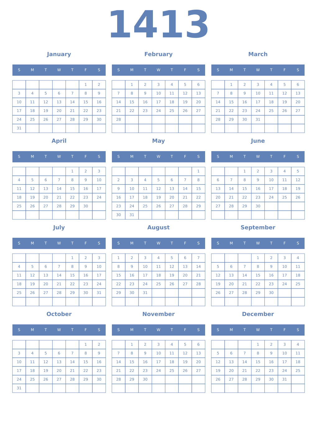 Printable 1413 Year Calendars glaucous