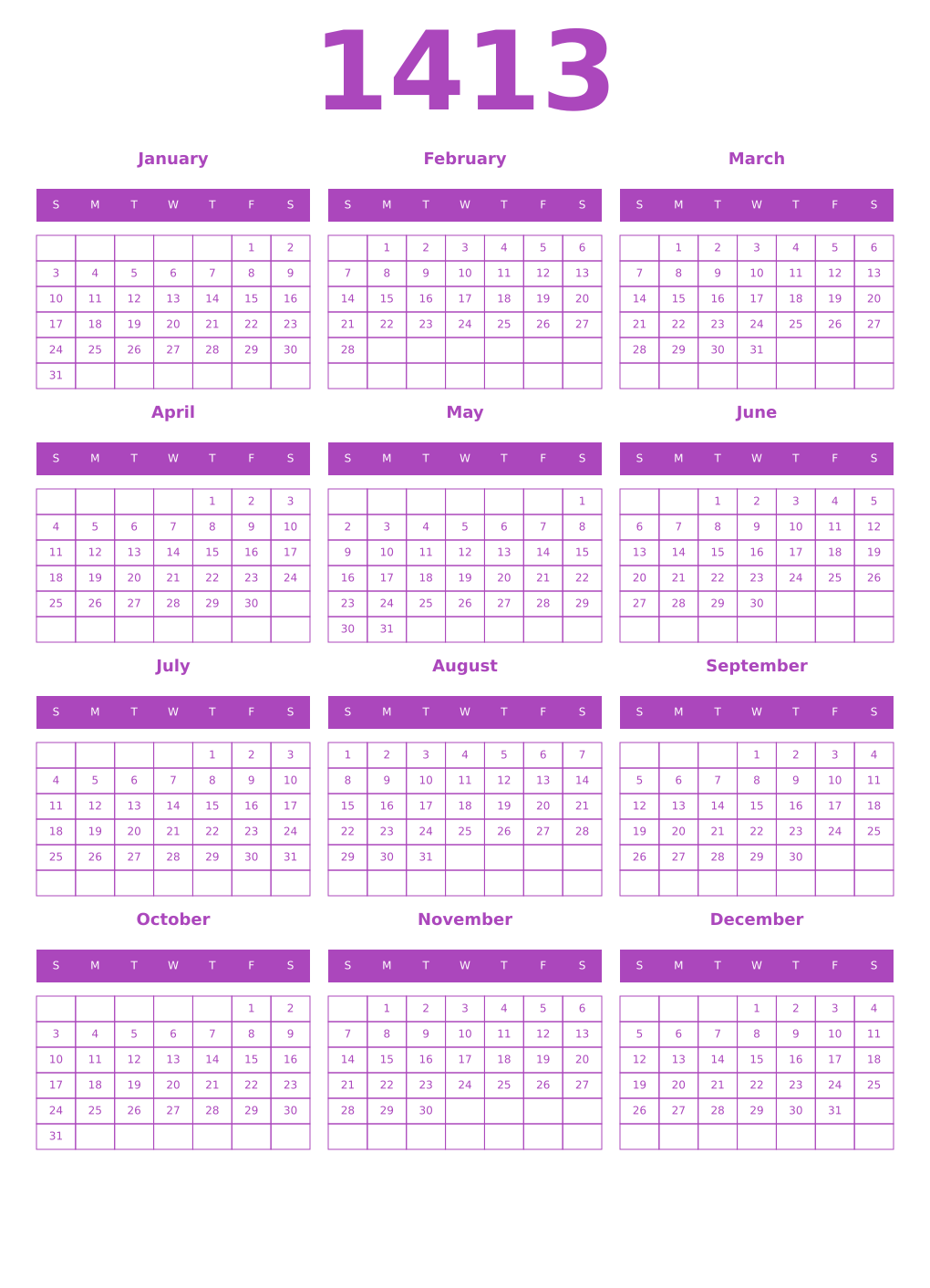 Printable 1413 Year Calendars purple