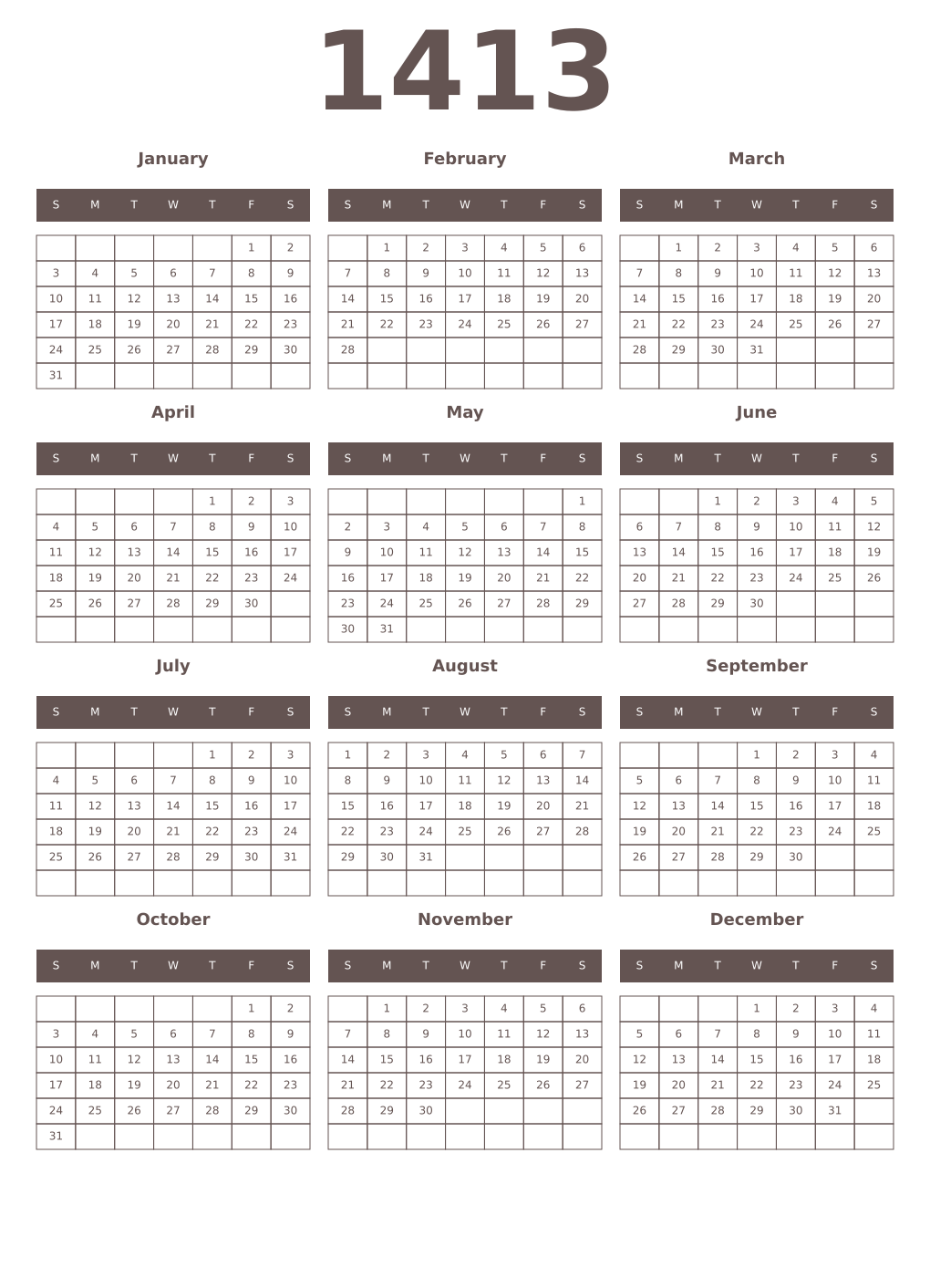 Printable 1413 Year Calendars wenge