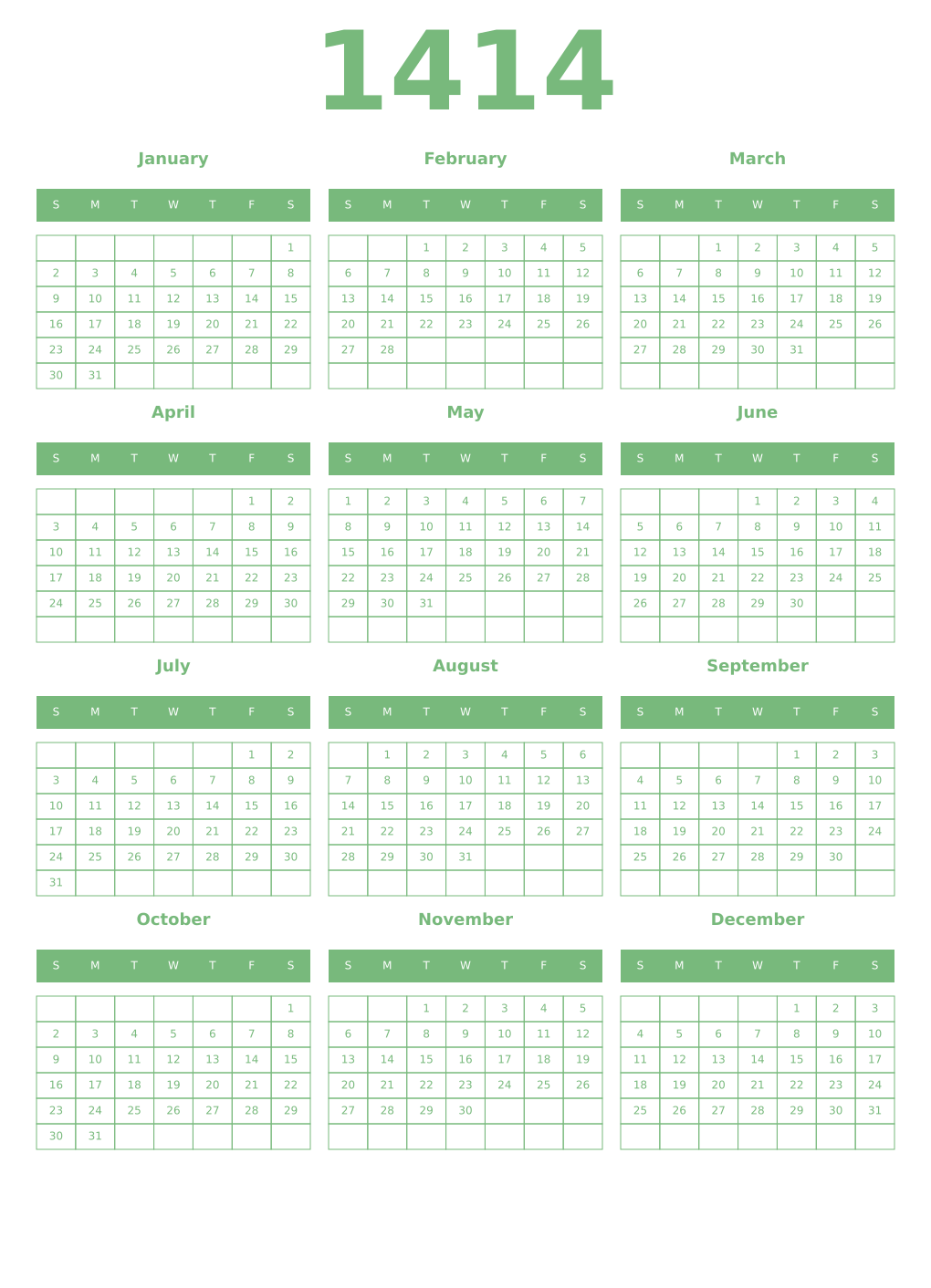 Printable 1414 Year Calendars celadon