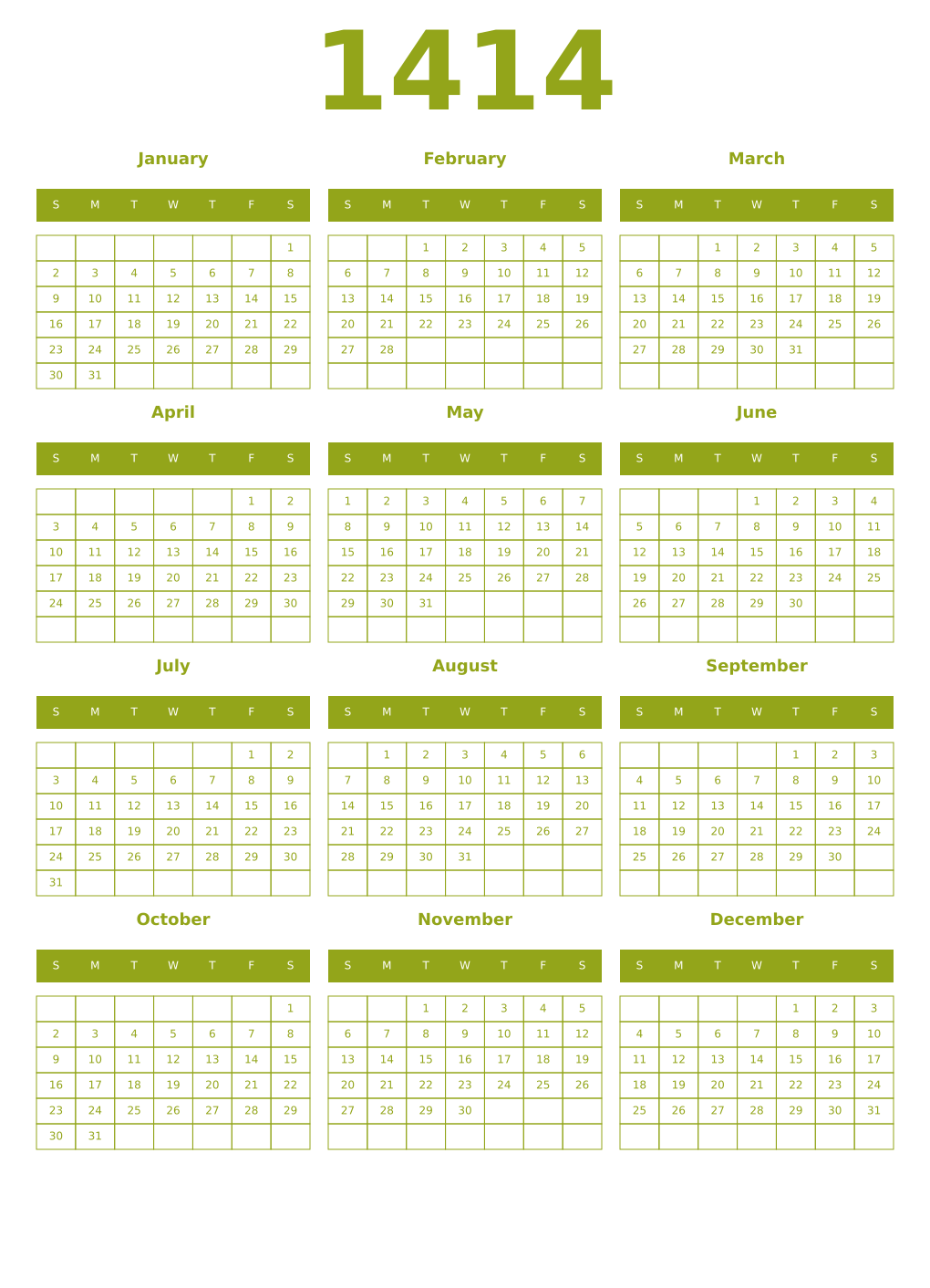 Printable 1414 Year Calendars chartreuse