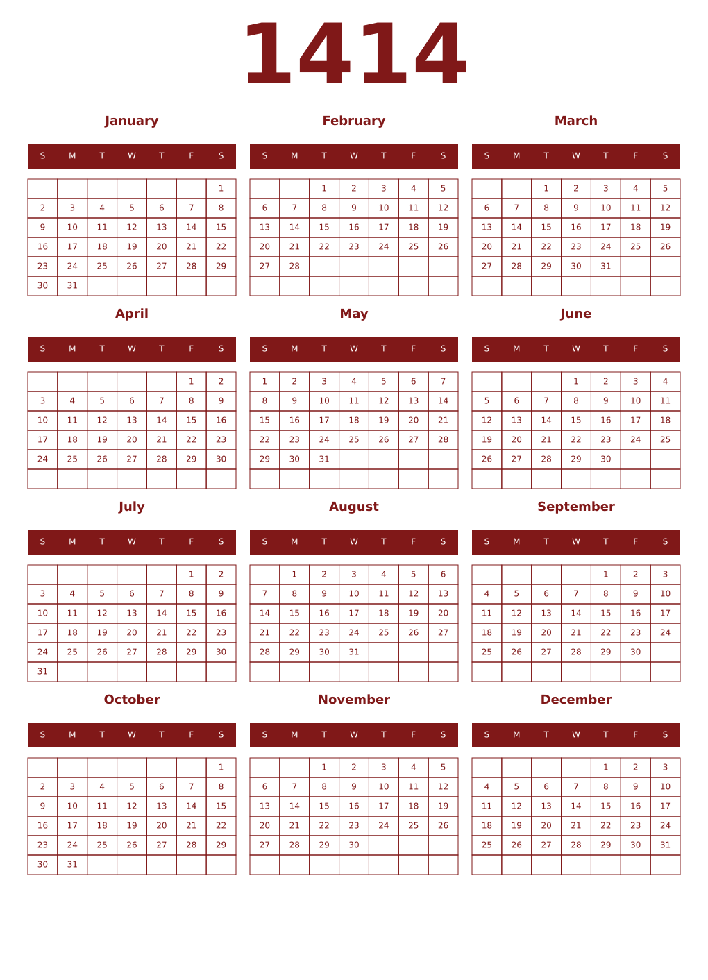 Printable 1414 Year Calendars falu