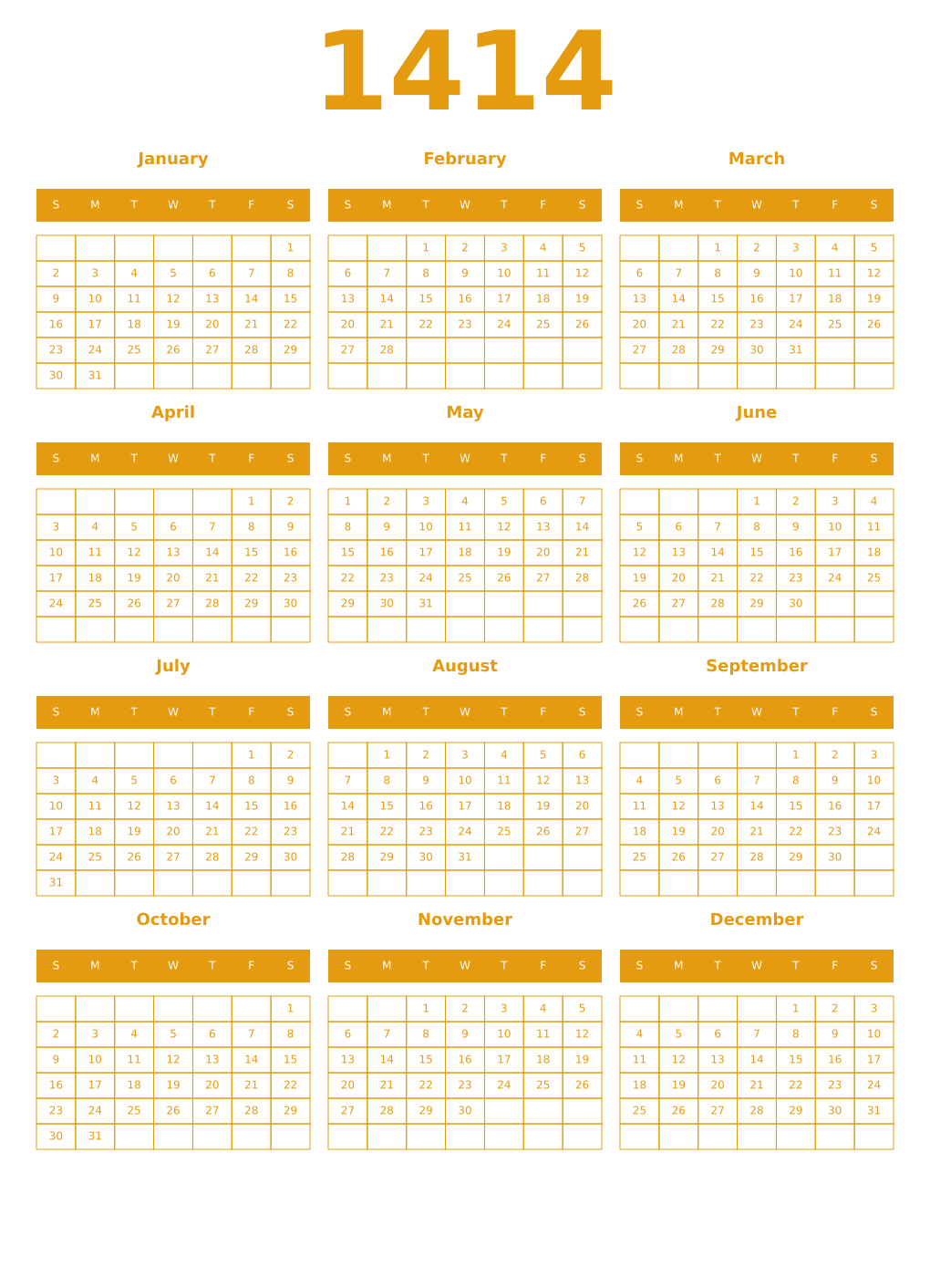 Printable 1414 Year Calendars gamboge