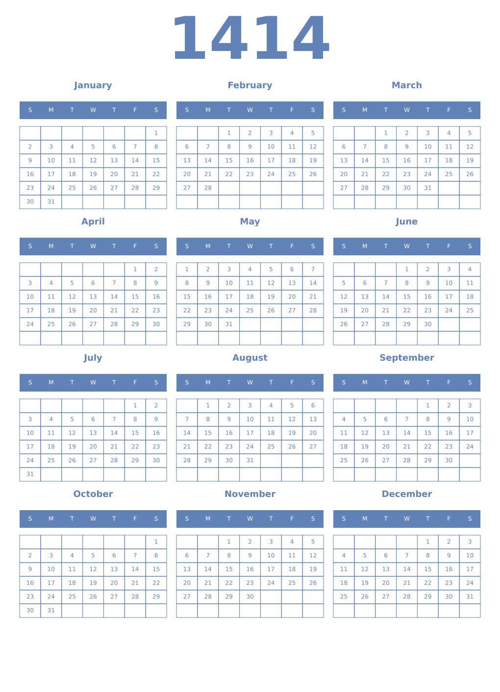 Printable 1414 Year Calendars glaucous