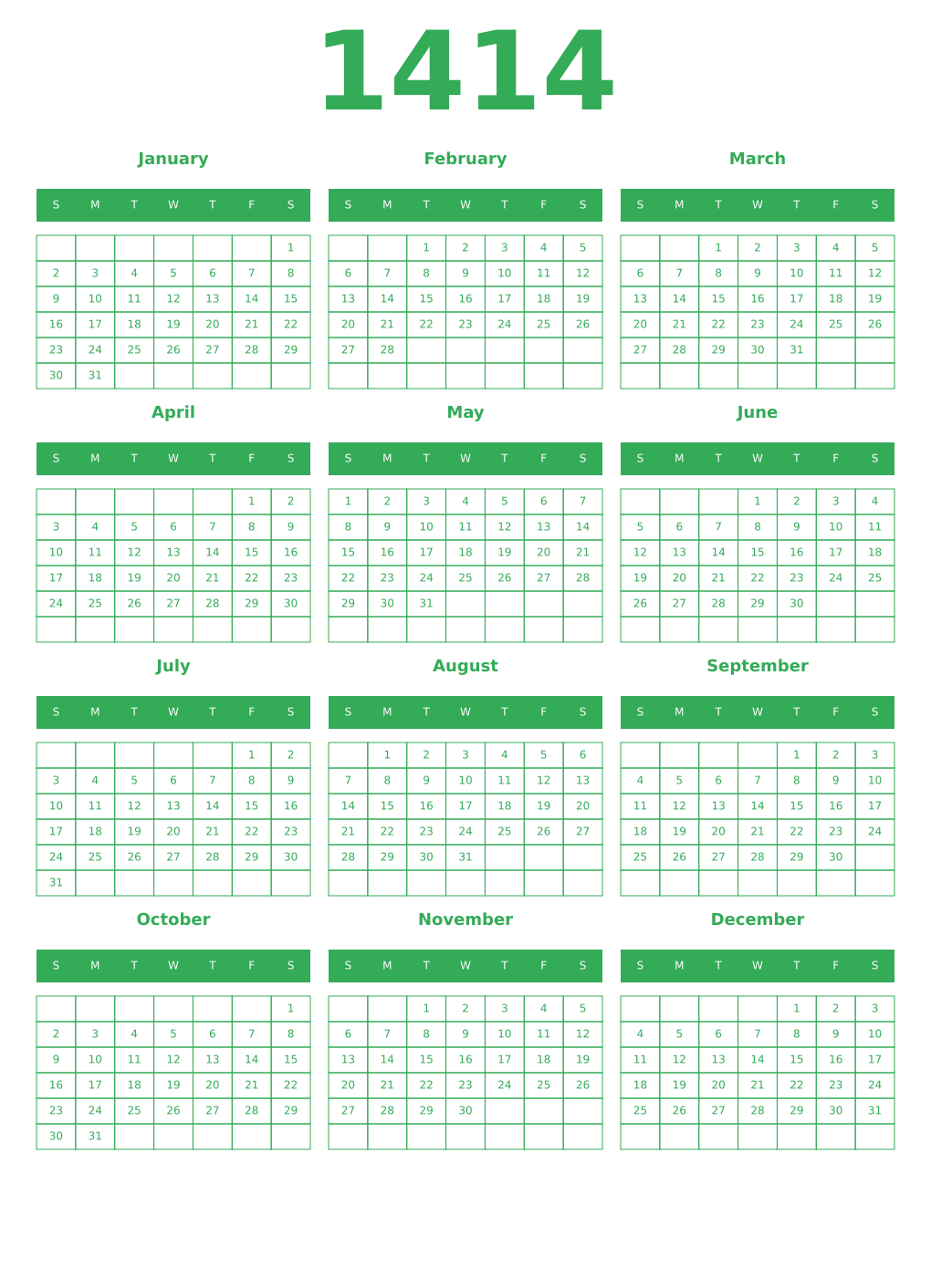 Printable 1414 Year Calendars green