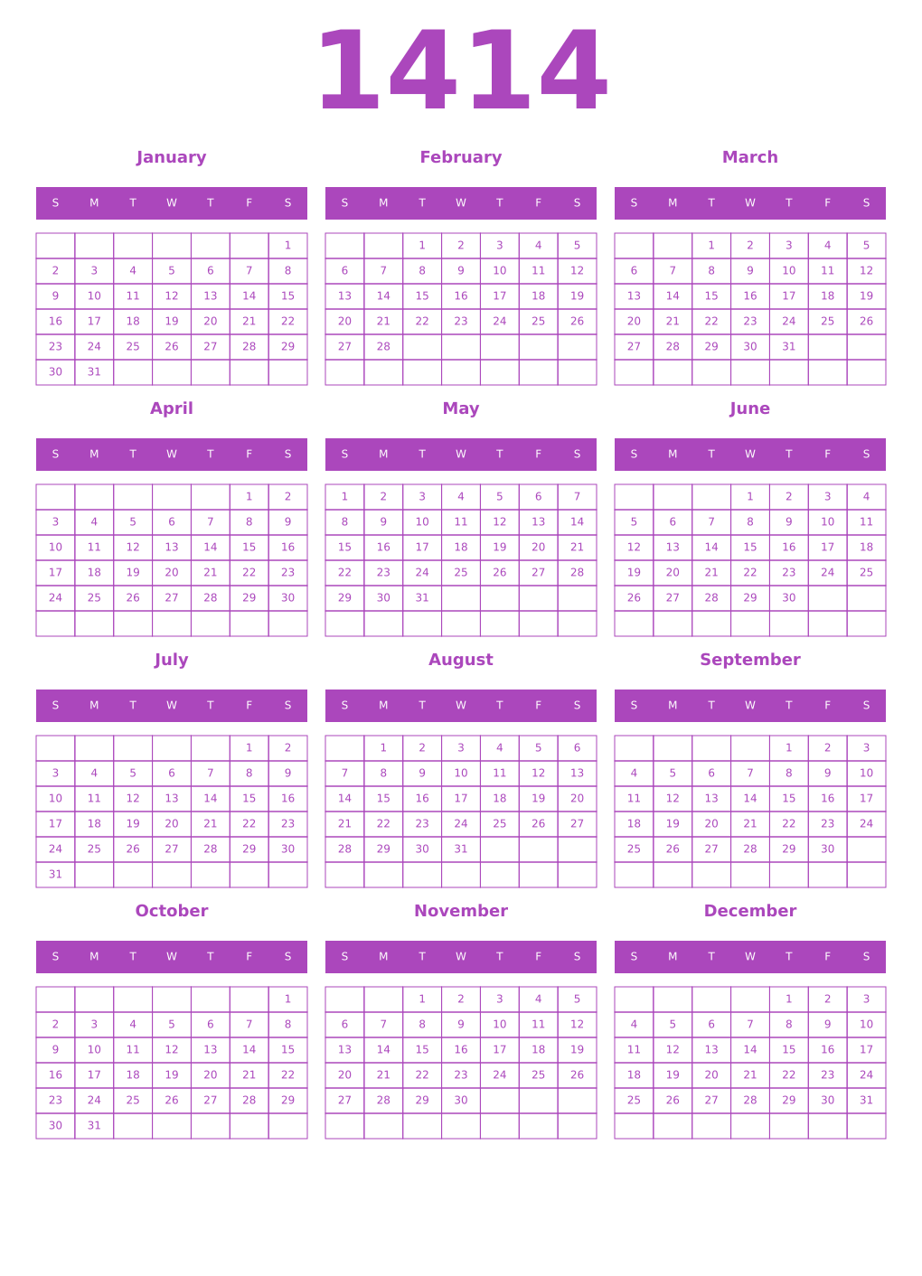 Printable 1414 Year Calendars purple