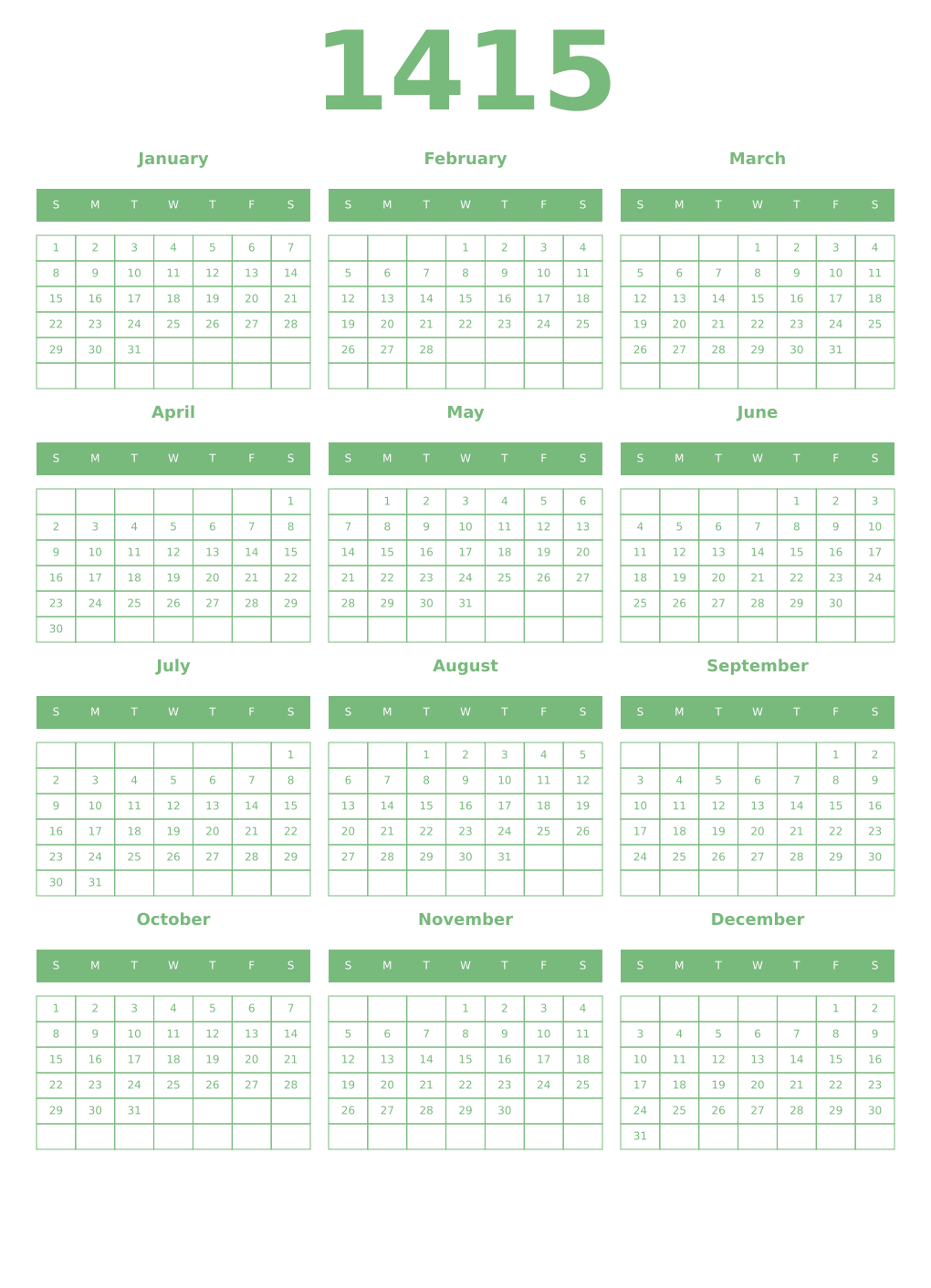 Printable 1415 Year Calendars celadon
