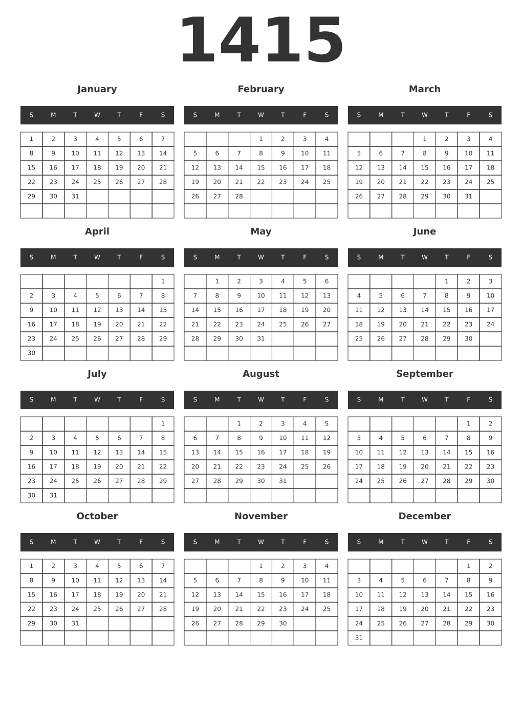 Printable 1415 Year Calendars dark