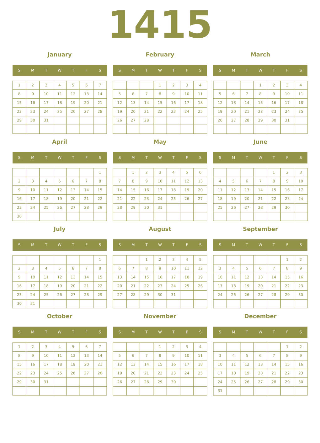 Printable 1415 Year Calendars eburnean