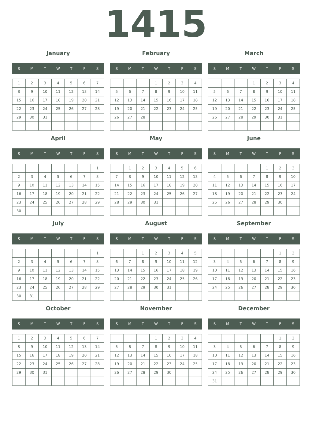 Printable 1415 Year Calendars feldgrau