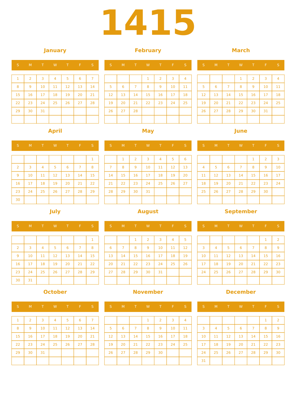 Printable 1415 Year Calendars gamboge