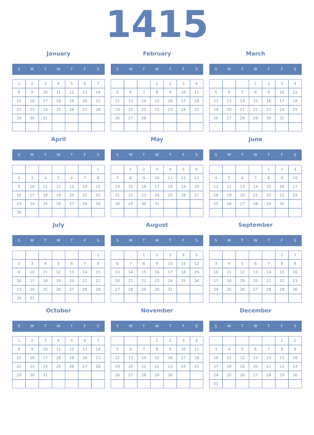 Printable 1415 Year Calendars glaucous
