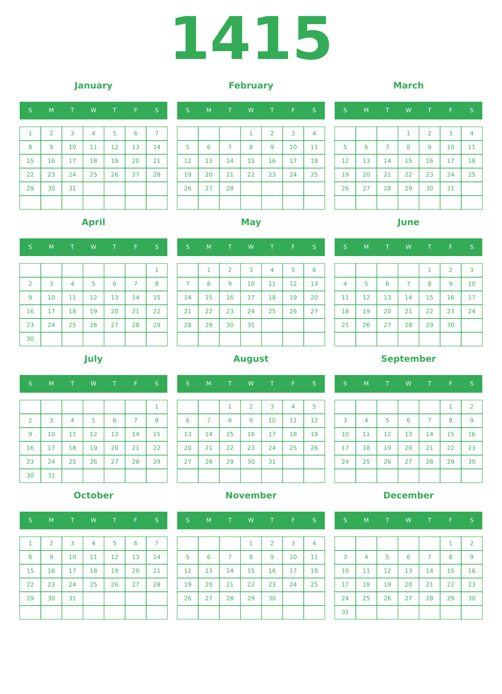 Printable 1415 Year Calendars green