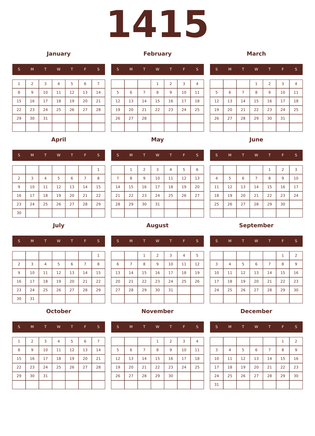 Printable 1415 Year Calendars mortuum