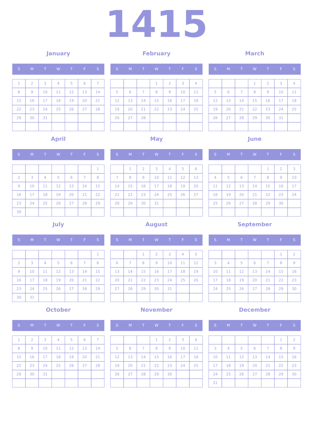 Printable 1415 Year Calendars periwinkle
