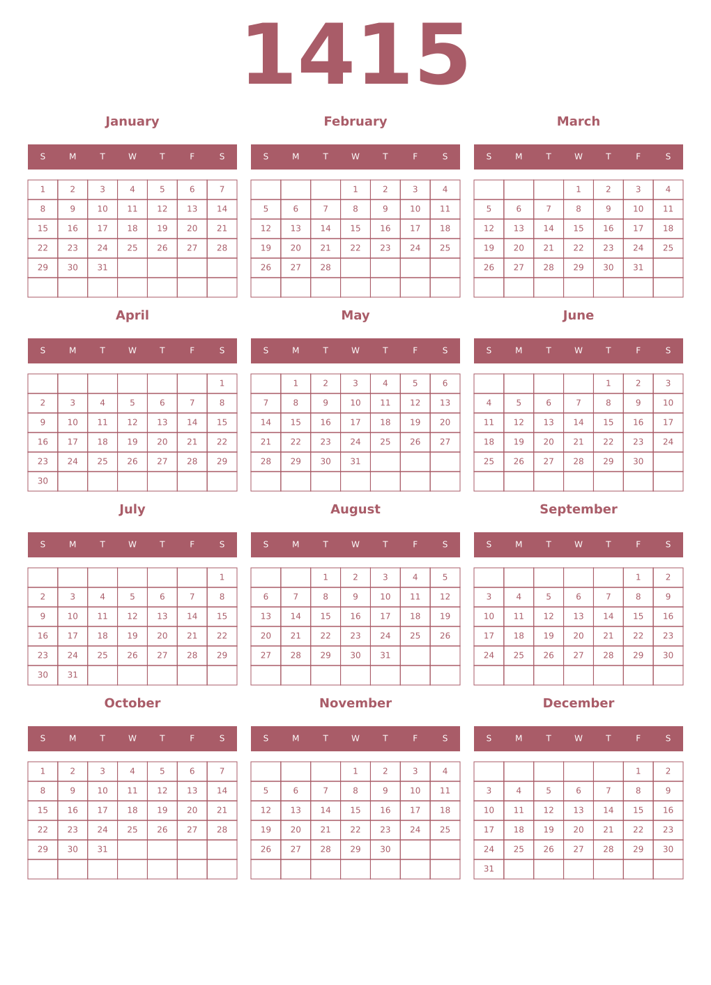 Printable 1415 Year Calendars puce