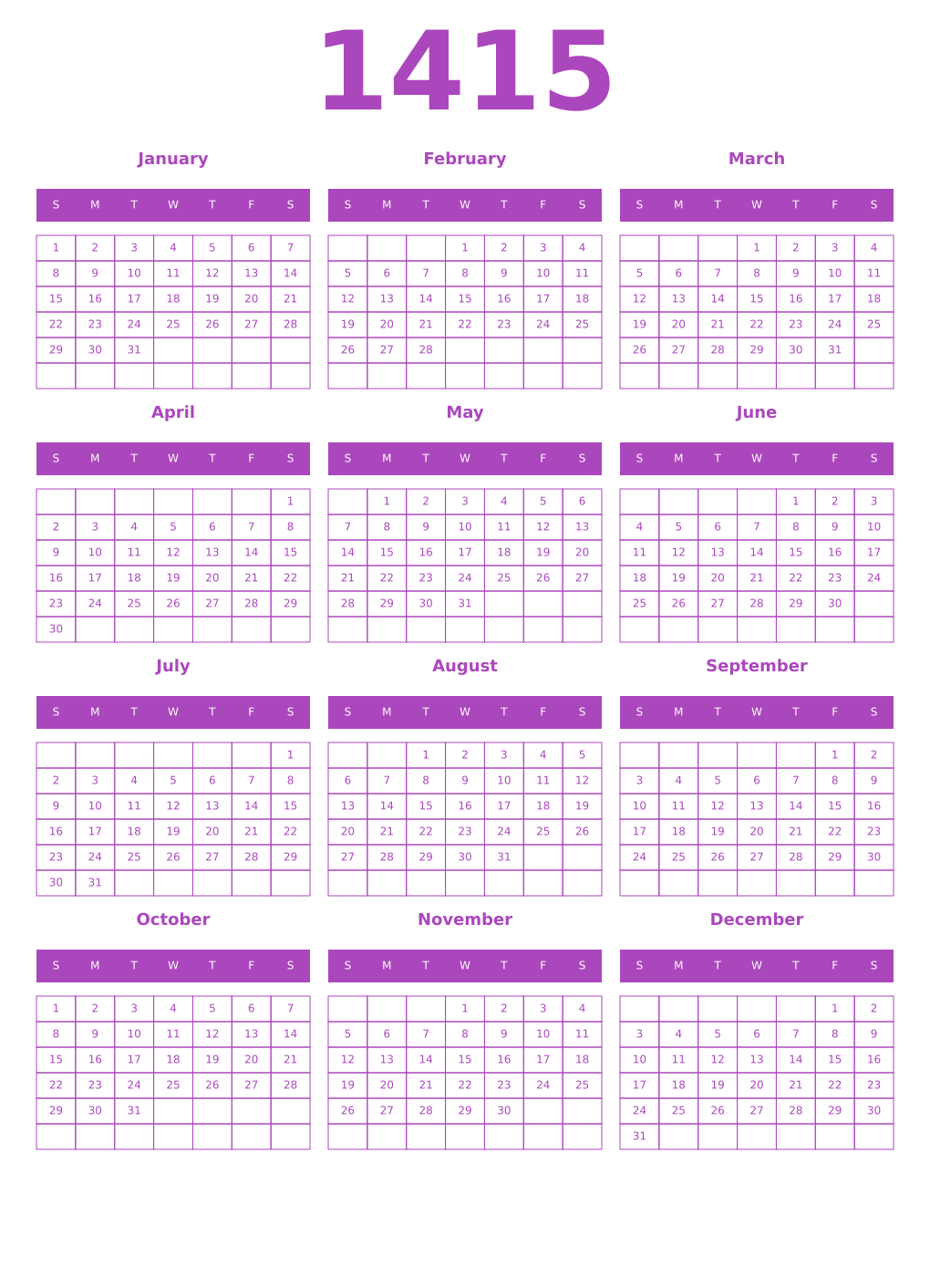 Printable 1415 Year Calendars purple